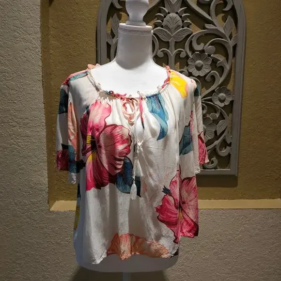 Farm Rio XL Boho Floral Blouse Top Statement Summer Resort Vacay Hibiscus Beach - Picture 3 of 9